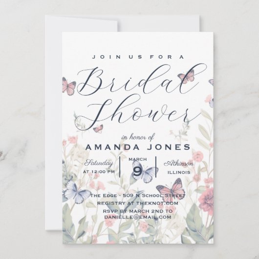 フローラル ボタニカル エレガント ボヘミア ブライダル バタフライ 招待状 (正面)
