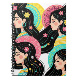 フローラル ボヘミアン 女性 イラスト アートプリント ノートブック