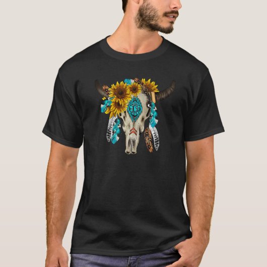 フローラル ボホー 牛の頭蓋骨 ターコイズ 宝石 西部劇  Tシャツ (正面)