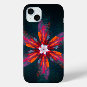 フローラル・マンダラ・フラワー オレンジ 赤 青 抽象的 iPhone 15 MINIケース