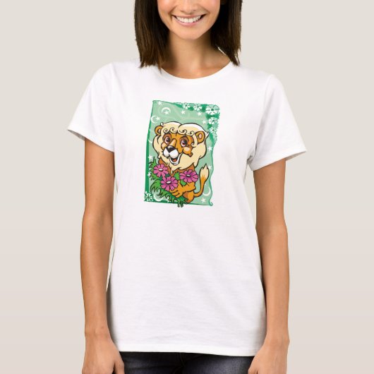 フローラル レオ ライオン, ピンクの花 Tシャツ (正面)