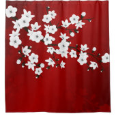 フローラル レッド ホワイト 桜 和風 シャワーカーテン (正面)