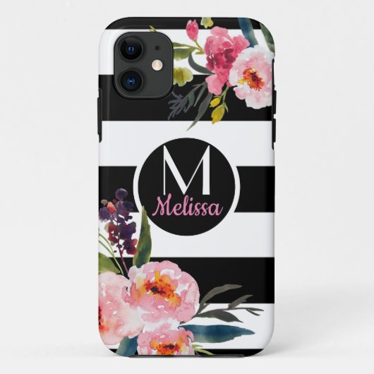 フローラル - 黒と白のストライプ モノグラム Case-Mate iPhoneケース (裏面)