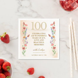 フローラル 100歳の誕生日 - ゴールデン・ワイルドフラワーズ デザイン スタンダードカクテルナプキン