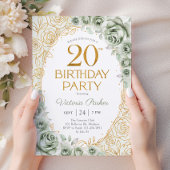 フローラル 20歳の誕生日 セージグリーン ゴールド 招待状