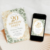 フローラル 20歳の誕生日 セージグリーン ゴールド 招待状