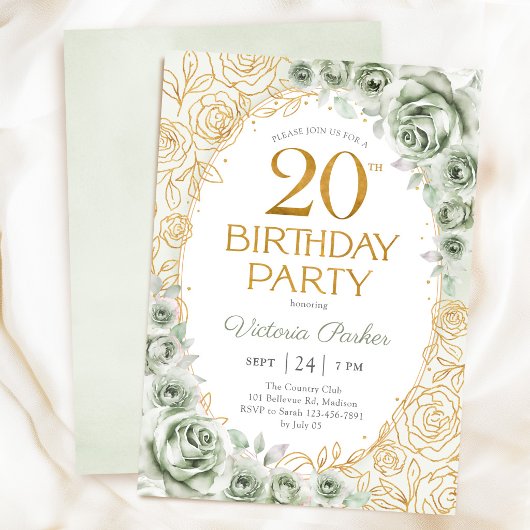 フローラル 20歳の誕生日 セージグリーン ゴールド 招待状