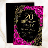 フローラル 20歳の誕生日 フクシア ピンク ブラック & ゴールド 招待状