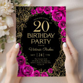 フローラル 20歳の誕生日 フクシア ピンク ブラック & ゴールド 招待状