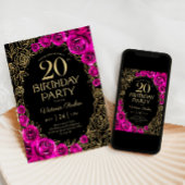 フローラル 20歳の誕生日 フクシア ピンク ブラック & ゴールド 招待状