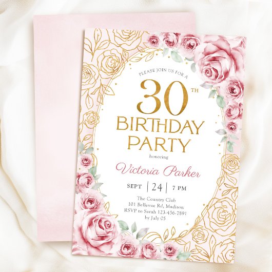 フローラル 30歳の誕生日 ブラッシュピンク ゴールド 招待状