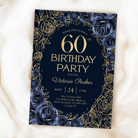 フローラル 60歳の誕生日 ネイビーブルー ゴールド 招待状