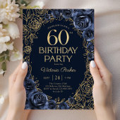 フローラル 60歳の誕生日 ネイビーブルー ゴールド 招待状