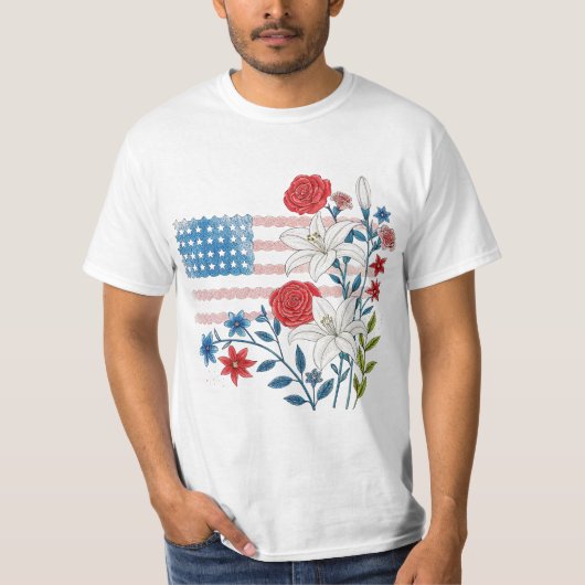 フローラルUSAフラグデザイン Tシャツ (正面)
