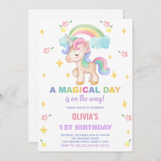 フローラレインボウスユニコーン誕生日招待状 招待状 (正面/裏面)
