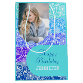 フローラレインボーストライプブルー誕生日 ミディアムペーパーバッグ