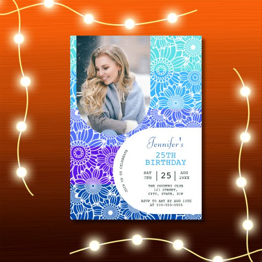 フローラレインボーストライプブルー誕生日 招待状