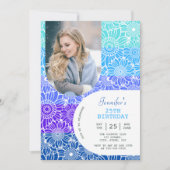 フローラレインボーストライプブルー誕生日 招待状 (正面)