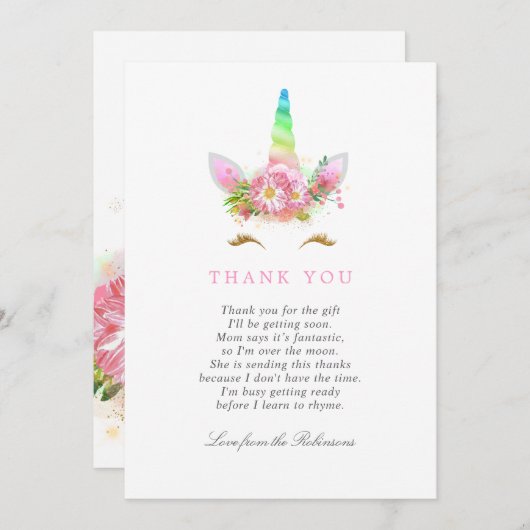 フローラレインボーユニコーン女の子の赤ちゃんシャワー サンキューカード (正面/裏面)