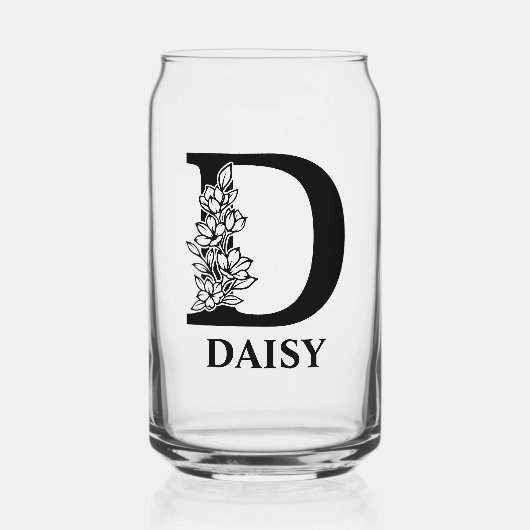 フローラレターDモノグラムと名パーソナライズされた前 ガラス缶 (正面)