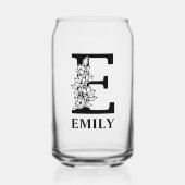 フローラレターEモノグラムと名パーソナライズされた前 ガラス缶 (正面)