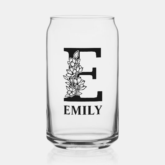 フローラレターEモノグラムと名パーソナライズされた前 ガラス缶 (正面)