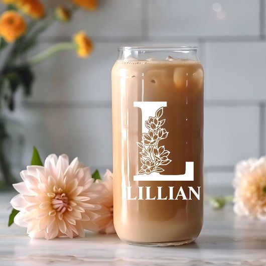 フローラレターLモノグラム名パーソナライズされた白 ガラス缶