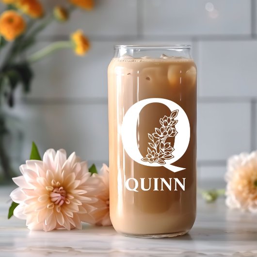 フローラレターQモノグラム名パーソナライズされた白 ガラス缶