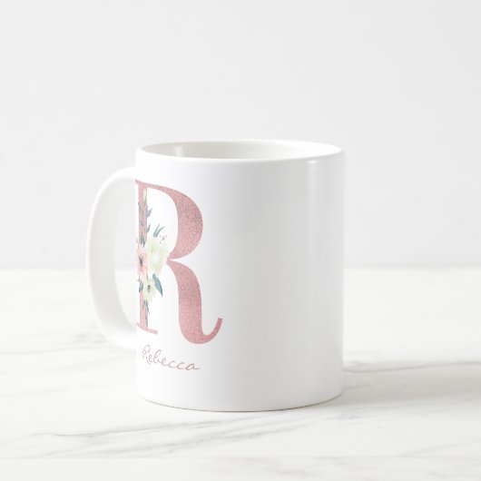 フローラレターRイニシャル – ピンクとアイボリーブーケ コーヒーマグカップ (正面左)