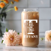 フローラレターTモノグラム名パーソナライズされた白 ガラス缶