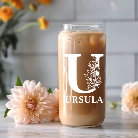 フローラレターUモノグラム名パーソナライズされた白 ガラス缶