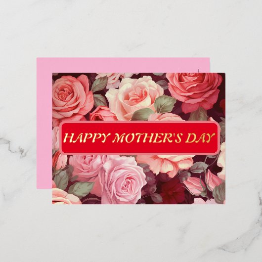 フローラレッドとバラハッピーマザーズデイゴールデンフォイル 箔シーズンポストカード (正面/裏面)