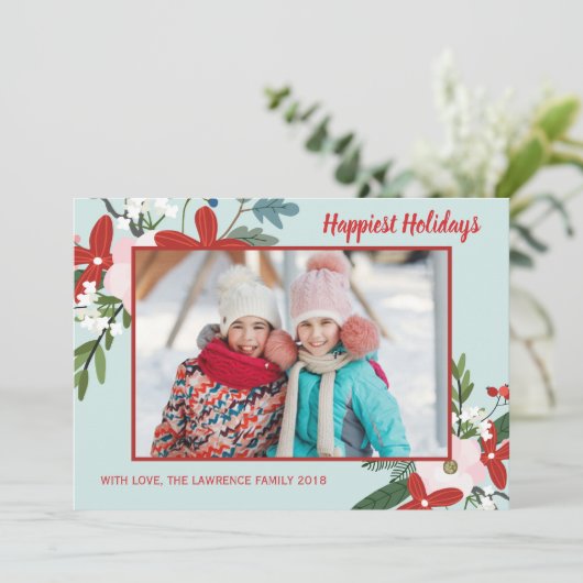 フローラレッドアクアクリスマスホリデーフォトカード シーズンカード (スタンド正面)
