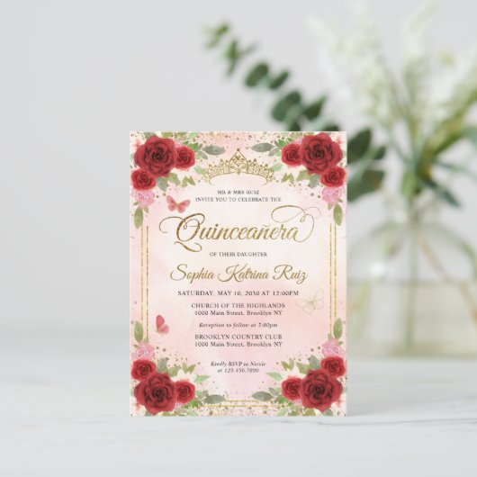 フローラレッドエレガントピンク金ゴールドティアラキンセアニラ ポストカード (スタンド正面)