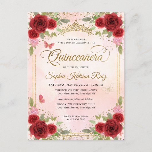 フローラレッドエレガントピンク金ゴールドティアラキンセアニラ ポストカード (正面)