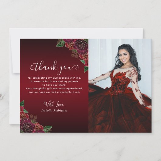 フローラレッドエレガント金ゴールドキンセアニラ誕生日写真 サンキューカード (正面)