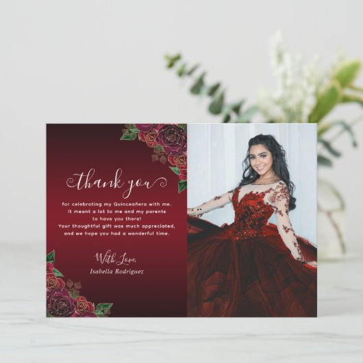 フローラレッドエレガント金ゴールドキンセアニラ誕生日写真 サンキューカード (スタンド正面)