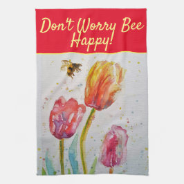 フローラレッドピンクチューリップ心配しないハッピーティー キッチンタオル