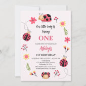 フローラレッドピンク私たちの小さなLadybug 1st誕生日 招待状 (正面)