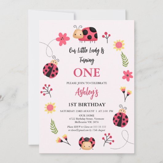 フローラレッドピンク私たちの小さなLadybug 1st誕生日 招待状 (正面)