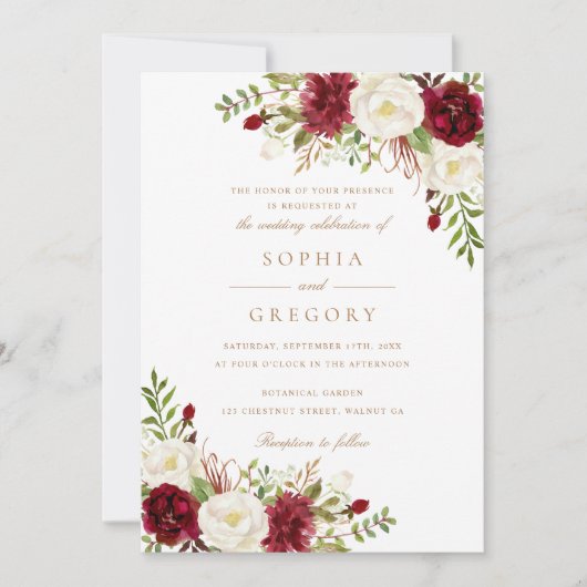 フローラレッドブルゴーニュ白エレガモダンントウェディング 招待状 (正面)
