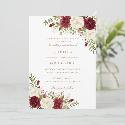 フローラレッドブルゴーニュ白エレガモダンントウェディング 招待状 (スタンド正面)