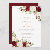 フローラレッドブルゴーニュ白エレガモダンントウェディング 招待状 (正面/裏面)