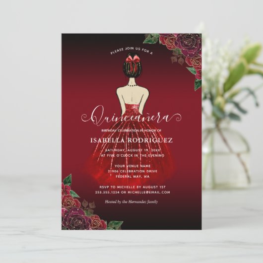 フローラレッドプリンセス金ゴールド誕生日キンセアニラ 招待状 (スタンド正面)