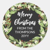 フローラレッドベリーグリーンリースメリークリスマス ラウンドシール (正面)