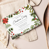 フローラレッドベリー緑のスクリプトクリスマスパーティー 招待状