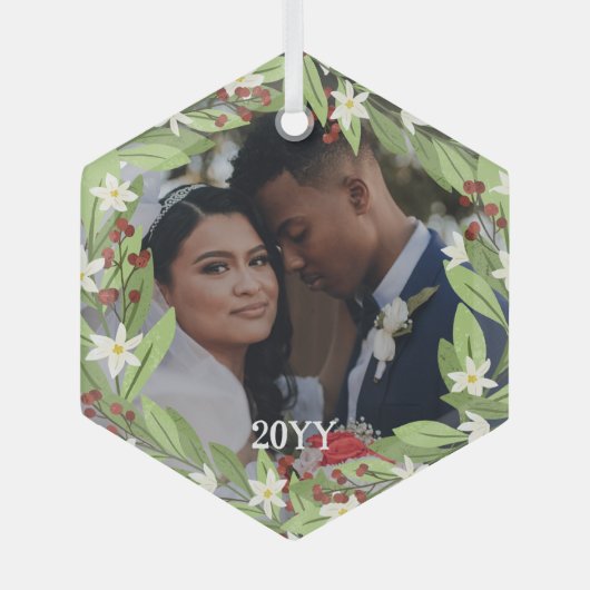 フローラレッドベリー緑のリース写真 ガラスオーナメント (正面)