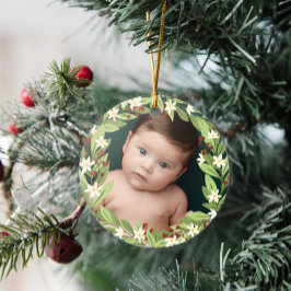 フローラレッドベリー緑のリース写真 セラミックオーナメント