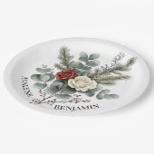 フローラレッドホワイトクリスマスバラ結婚ズ ペーパープレート (アングル)