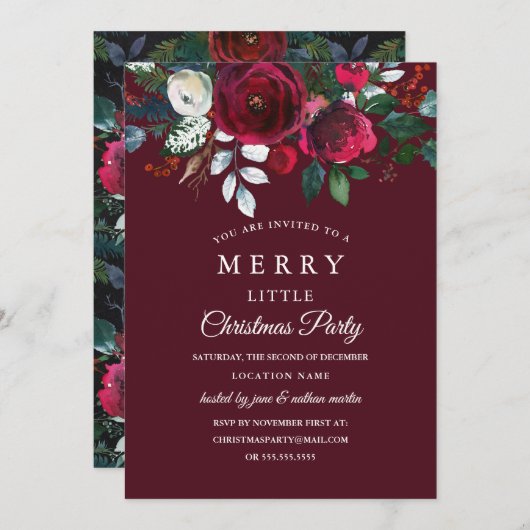 フローラレッドモダンブルゴーニュのクリスマスパーティー 招待状 (正面/裏面)